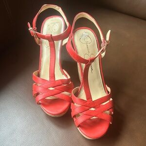 Jessica Simpson Coral-Red T-Strap Heeled Sandals
